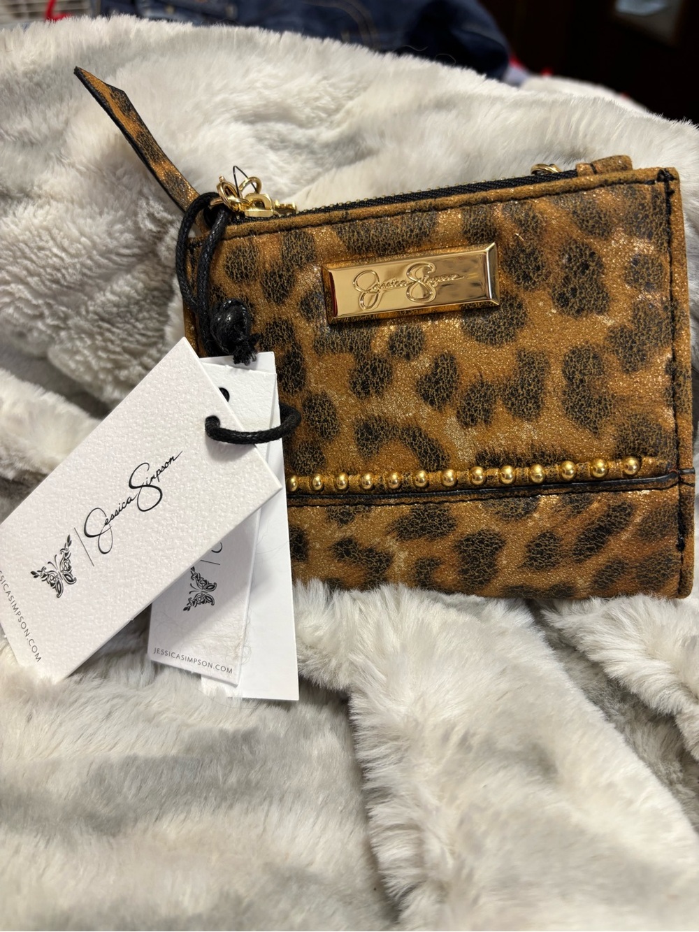 Jessica Simpson Leopard Print Card Wallet in Brown and Black with Gold Hardware